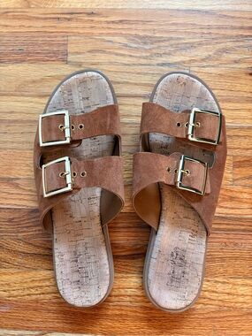 Coach and Four brown suede, ‘Dallas’ double-buckle sandals, size 11